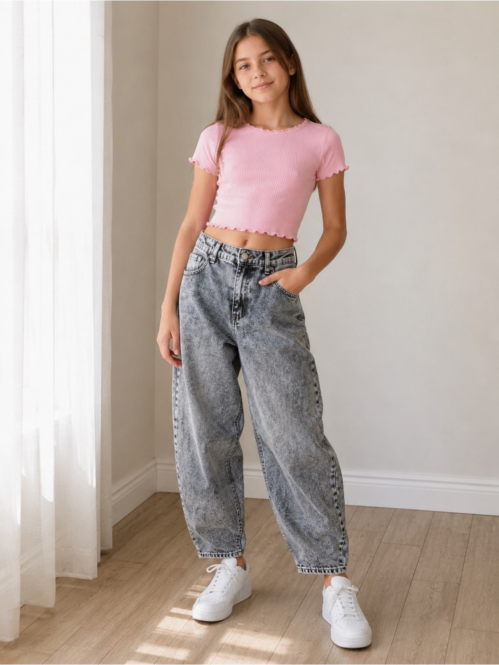 Tractr Pink Crop Tee with Acid-Wash Gray Baggy Jeans